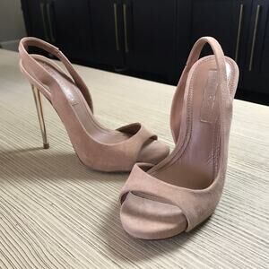 BCBGMaxAzria Blush Suede Peep Toe Slingback Gold Stiletto Heels 6.5